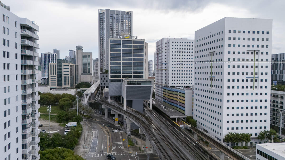 An aerial view of the MiamiCentral train station in September 2025 in downtown Miami.